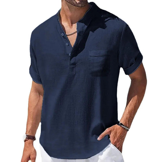 Men's Summer Henley T-Shirt | Cotton and Linen Blend, Short Sleeve Casual Top - northernnomad