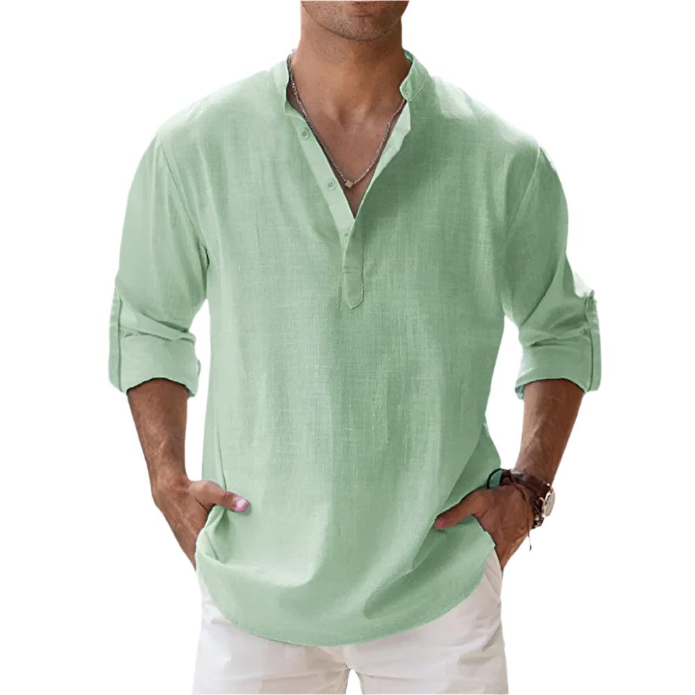Men's Cotton Linen Henley Shirt | Short Sleeve Beachwear with Stand Collar