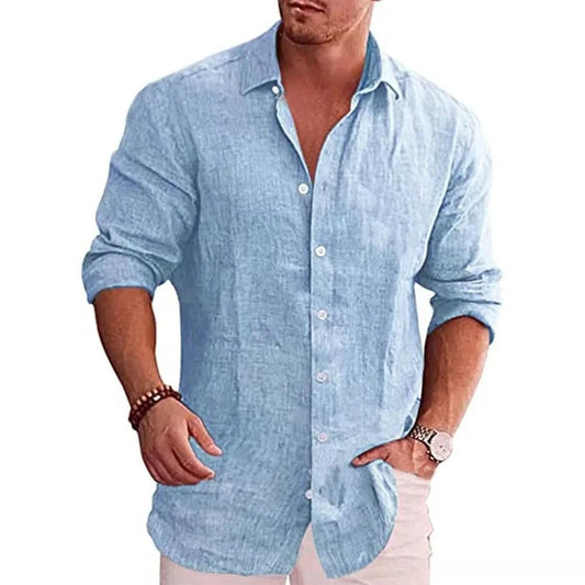 Cotton-Linen Autumn Shirt for Men | Solid Color Casual Style with Turn-Down Collar - northernnomad