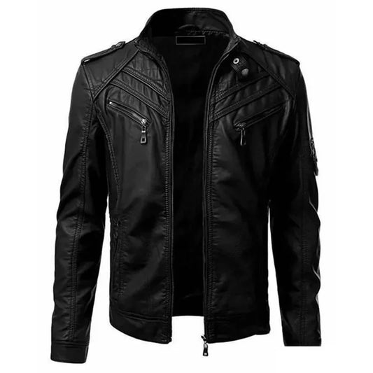 Men's Leather Jacket Stand Collar Zipper Pockets