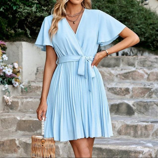 Women's Wrap Dress Lightweight Polyester Blue Pleated