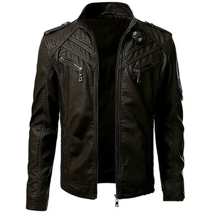 Men's Leather Jacket Stand Collar Zipper Pockets