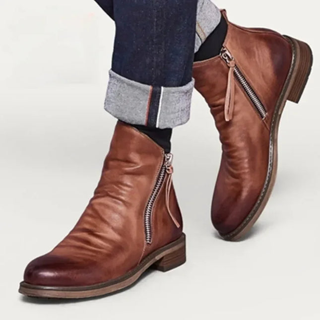 Men’s Chelsea Boots Leather-Look Side Zipper Ankle Height