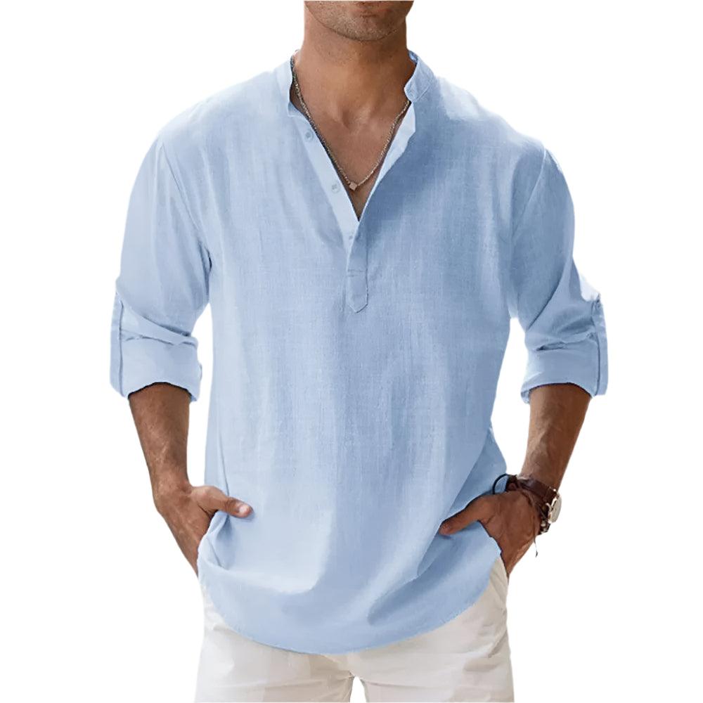 Men's Cotton Linen Henley Shirt | Short Sleeve Beachwear with Stand Collar