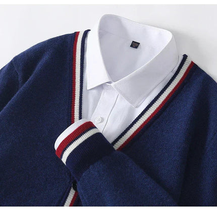 Men's Knitted V-Neck Cardigan with Button-Up and Ribbed Trim