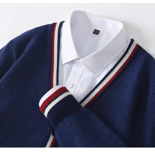 Men's Knitted V-Neck Cardigan with Button-Up and Ribbed Trim