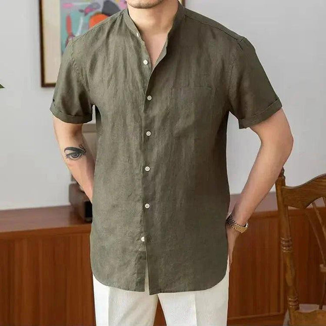 Men’s Linen Button-Up Shirt – Relaxed Fit Long Sleeve with Mandarin Collar