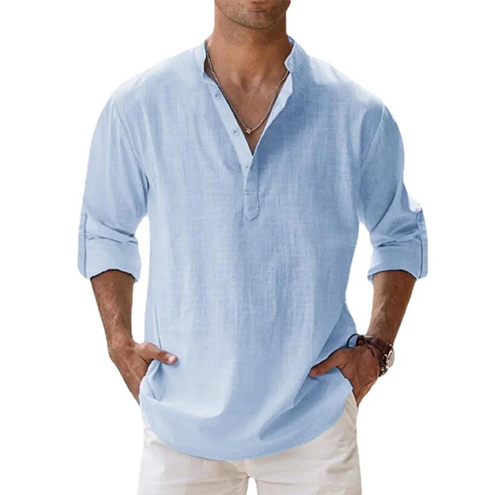 Men's Cotton Linen Henley Shirt | Short Sleeve Beachwear with Stand Collar