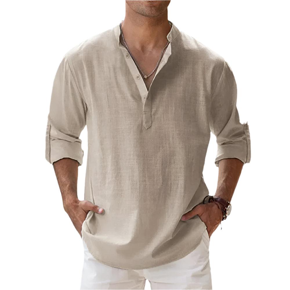 Men's Cotton Linen Henley Shirt | Short Sleeve Beachwear with Stand Collar