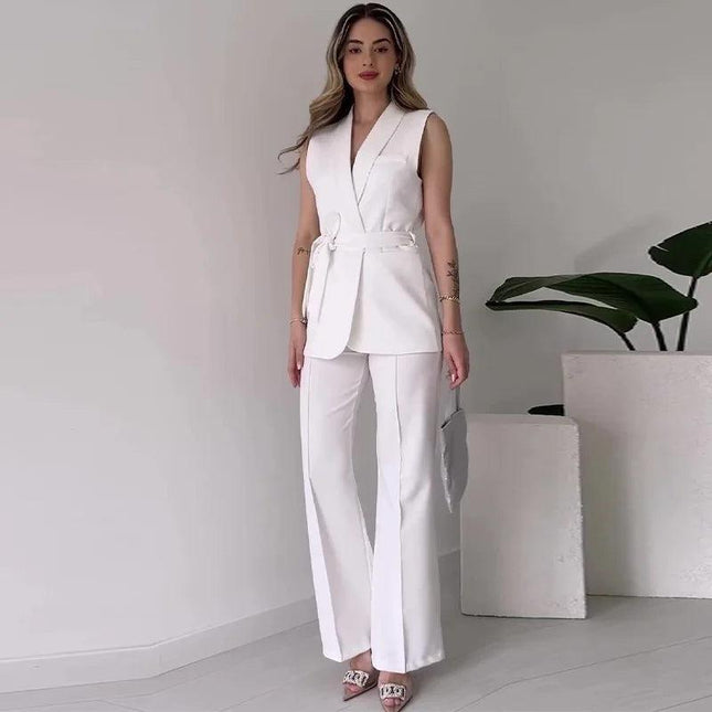 Women's Tailored Sleeveless Blazer Suit with V-Neck and High-Waisted Trousers