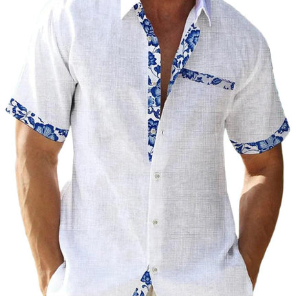 Men’s Button-Up Shirt Linen Floral Trim