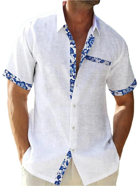 Men’s Button-Up Shirt Linen Floral Trim