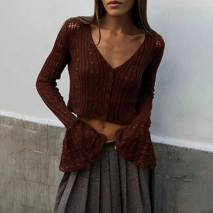 Women's Long Sleeve V Neck Crochet Cardigan