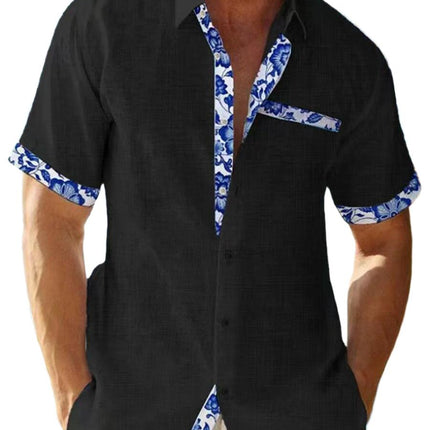 Men’s Button-Up Shirt Linen Floral Trim
