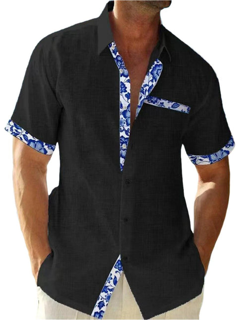 Men’s Button-Up Shirt Linen Floral Trim