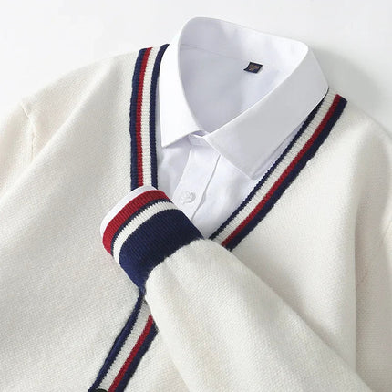 Men's Knitted V-Neck Cardigan with Button-Up and Ribbed Trim