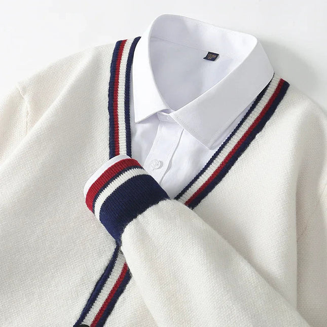 Men's Knitted V-Neck Cardigan with Button-Up and Ribbed Trim