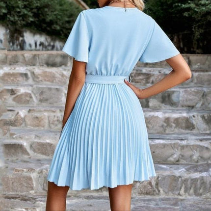 Women's Wrap Dress Lightweight Polyester Blue Pleated