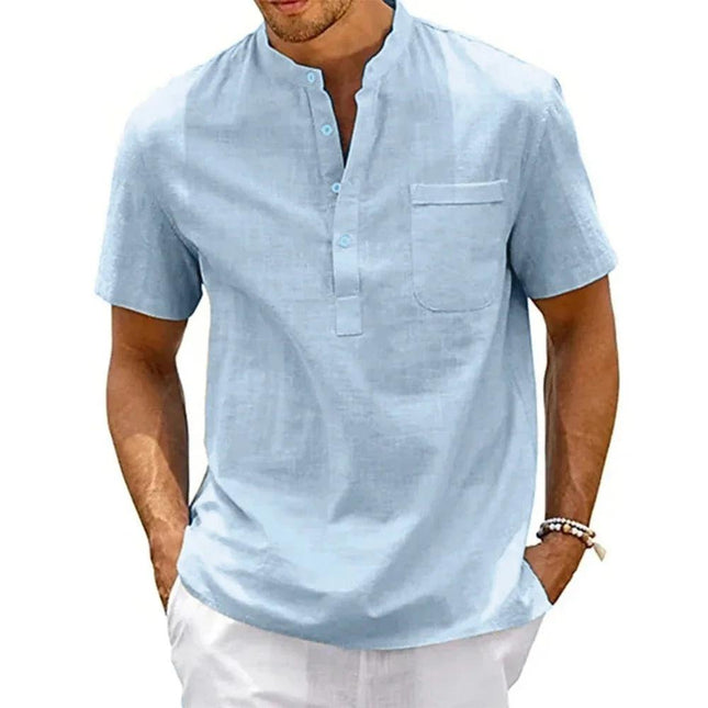 DuneCraft Henley | Men’s Cotton-Linen Pocket Tee for Summer Comfort - northernnomad