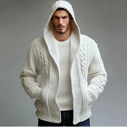 Men's Wool Knit Hooded Cardigan with Cable Pattern