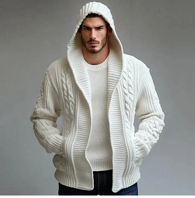 Men's Wool Knit Hooded Cardigan with Cable Pattern