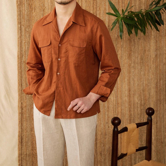 Men's Linen Button-Up Shirt with Relaxed Fit and Long Sleeves