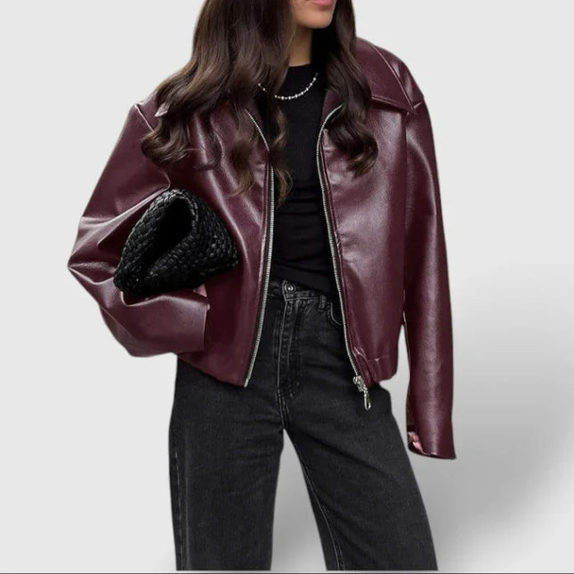 Women's Leather Jacket Zip-Up Stand Collar