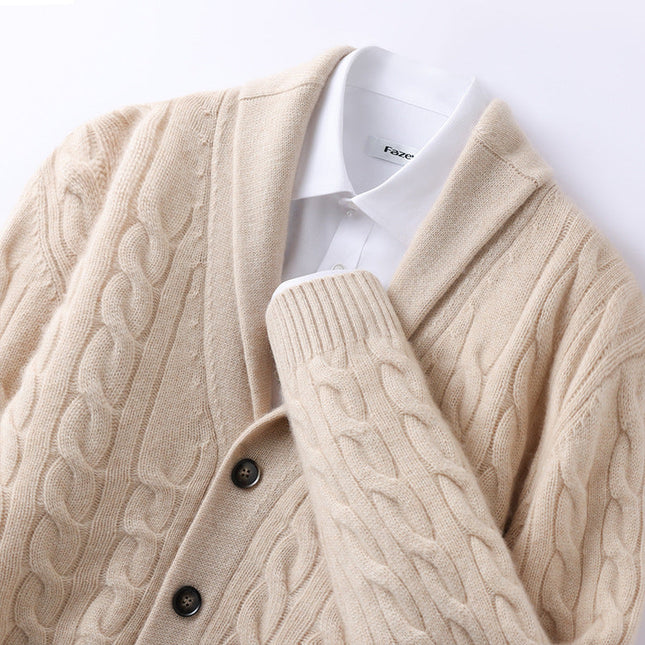 Men's Wool Knit Cardigan with Cable Pattern and Ribbed Trim