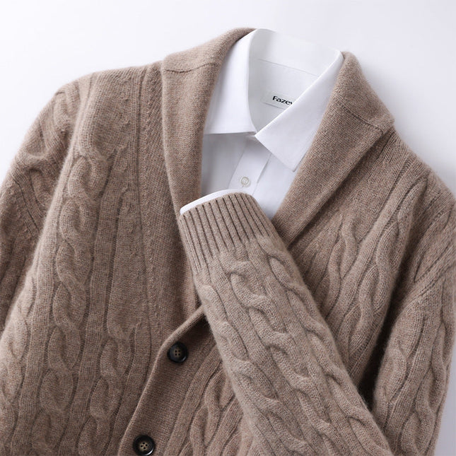 Men's Wool Knit Cardigan with Cable Pattern and Ribbed Trim