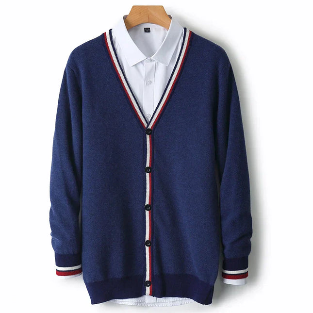 Men's Knitted V-Neck Cardigan with Button-Up and Ribbed Trim