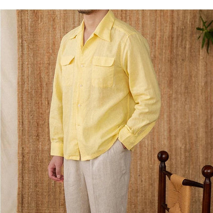 Men's Linen Button-Up Shirt with Relaxed Fit and Long Sleeves