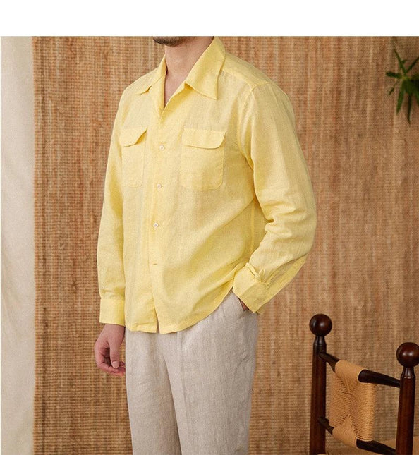 Men's Linen Button-Up Shirt with Relaxed Fit and Long Sleeves