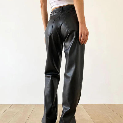 Women's Wide Leg Faux Leather Trousers High Waisted Chic Fit