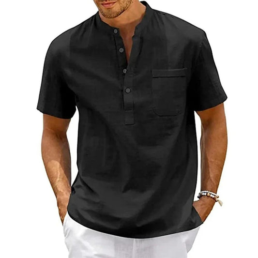 DuneCraft Henley | Men’s Cotton-Linen Pocket Tee for Summer Comfort - northernnomad