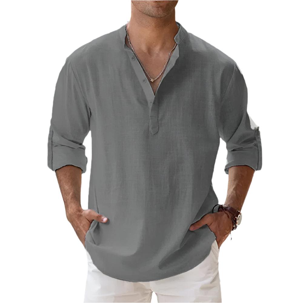 Men's Cotton Linen Henley Shirt | Short Sleeve Beachwear with Stand Collar