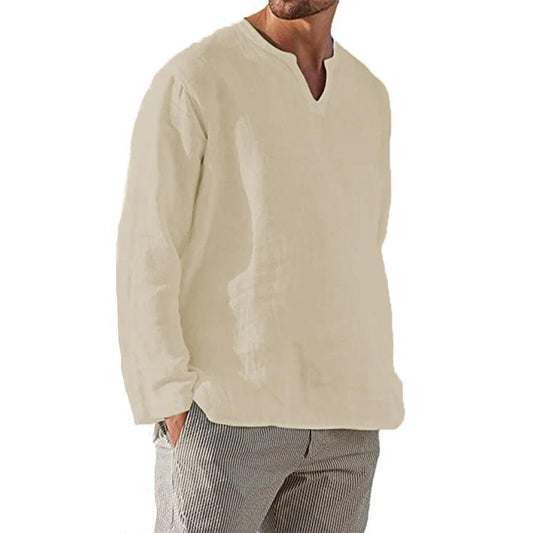Breezewalk Linen Shirt | Men's V-Neck Long Sleeve Cotton Blend Pullover - northernnomad