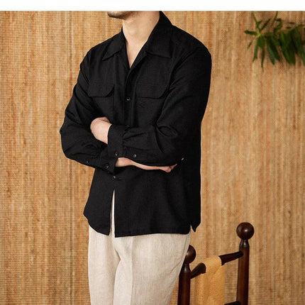 Men's Linen Button-Up Shirt with Relaxed Fit and Long Sleeves