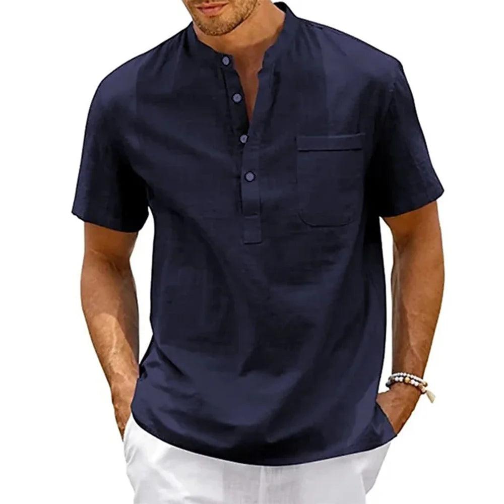 DuneCraft Henley | Men’s Cotton-Linen Pocket Tee for Summer Comfort - northernnomad