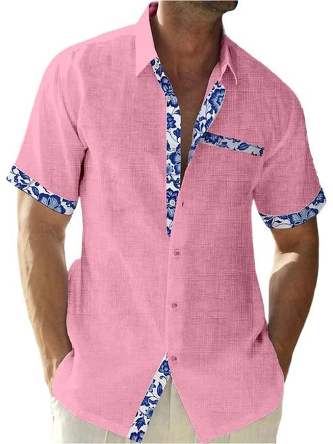 Men’s Button-Up Shirt Linen Floral Trim