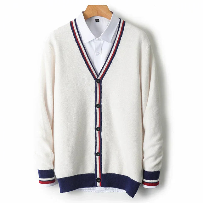 Men's Knitted V-Neck Cardigan with Button-Up and Ribbed Trim