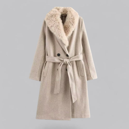 Women's Wool Trench Coat with Fur Trim