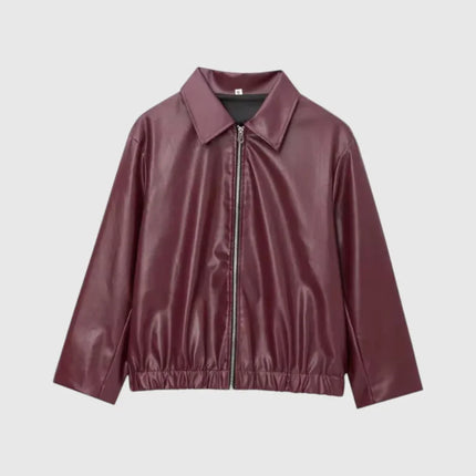 Women's Leather Jacket Zip-Up Stand Collar