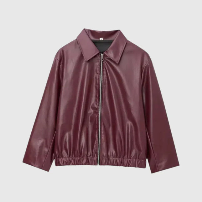 Women's Leather Jacket Zip-Up Stand Collar