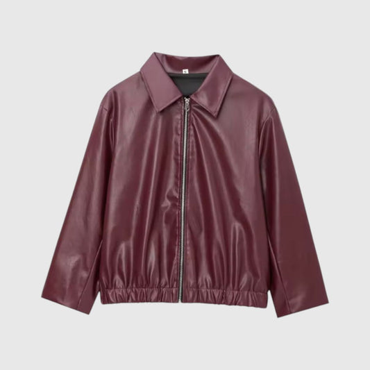 Women's Leather Jacket Zip-Up Stand Collar