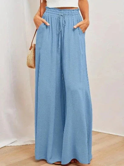 Women's High Waist Wide Leg Palazzo Trousers with Elastic Drawstring