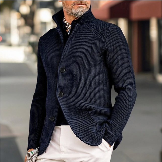 Men's Knit Cardigan Ribbed Texture High Collar