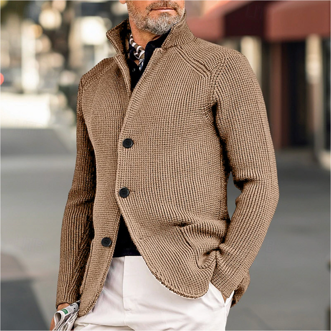 Men's Knit Cardigan Ribbed Texture High Collar
