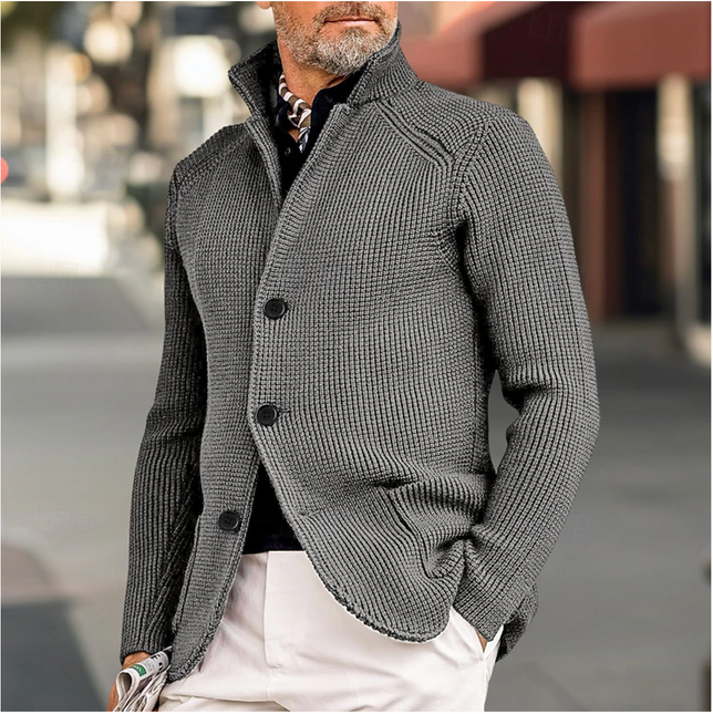 Men's Knit Cardigan Ribbed Texture High Collar