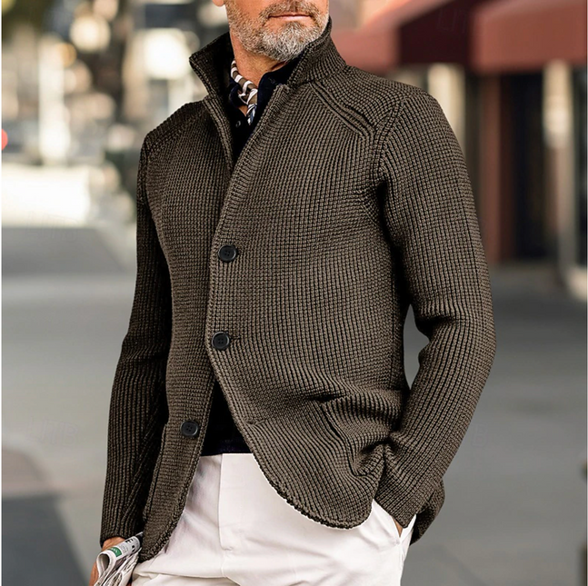Men's Knit Cardigan Ribbed Texture High Collar