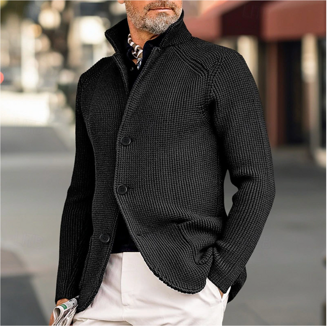 Men's Knit Cardigan Ribbed Texture High Collar